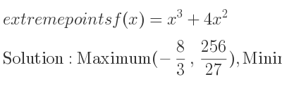 The extreme points of f(x)=x^3+4x^2 are Maximum(-8/3 , 256/27),Minimum(0,0)